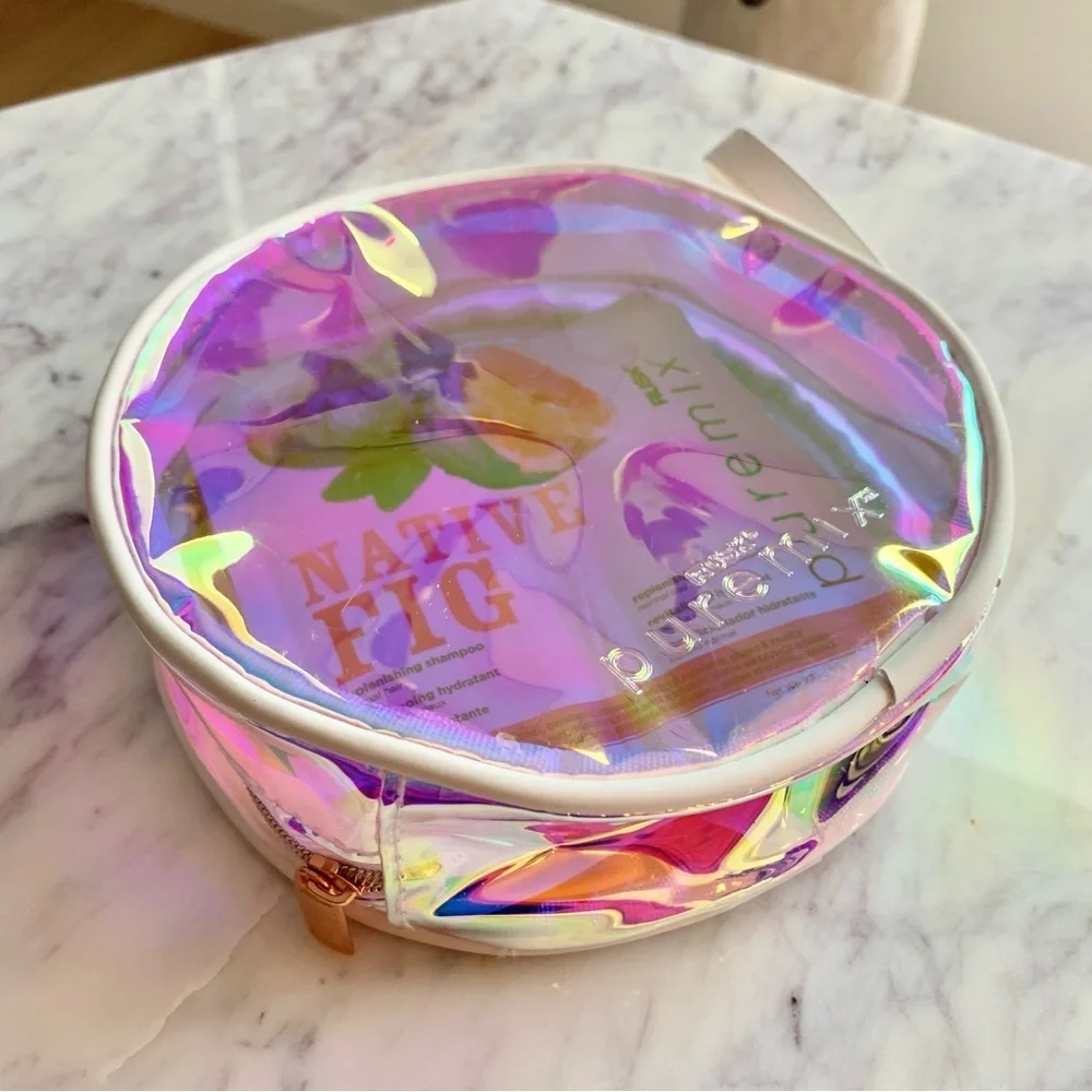 🪩 Iridescent Holographic Round Wristlet with Shampoo /Conditioner Hair Samples